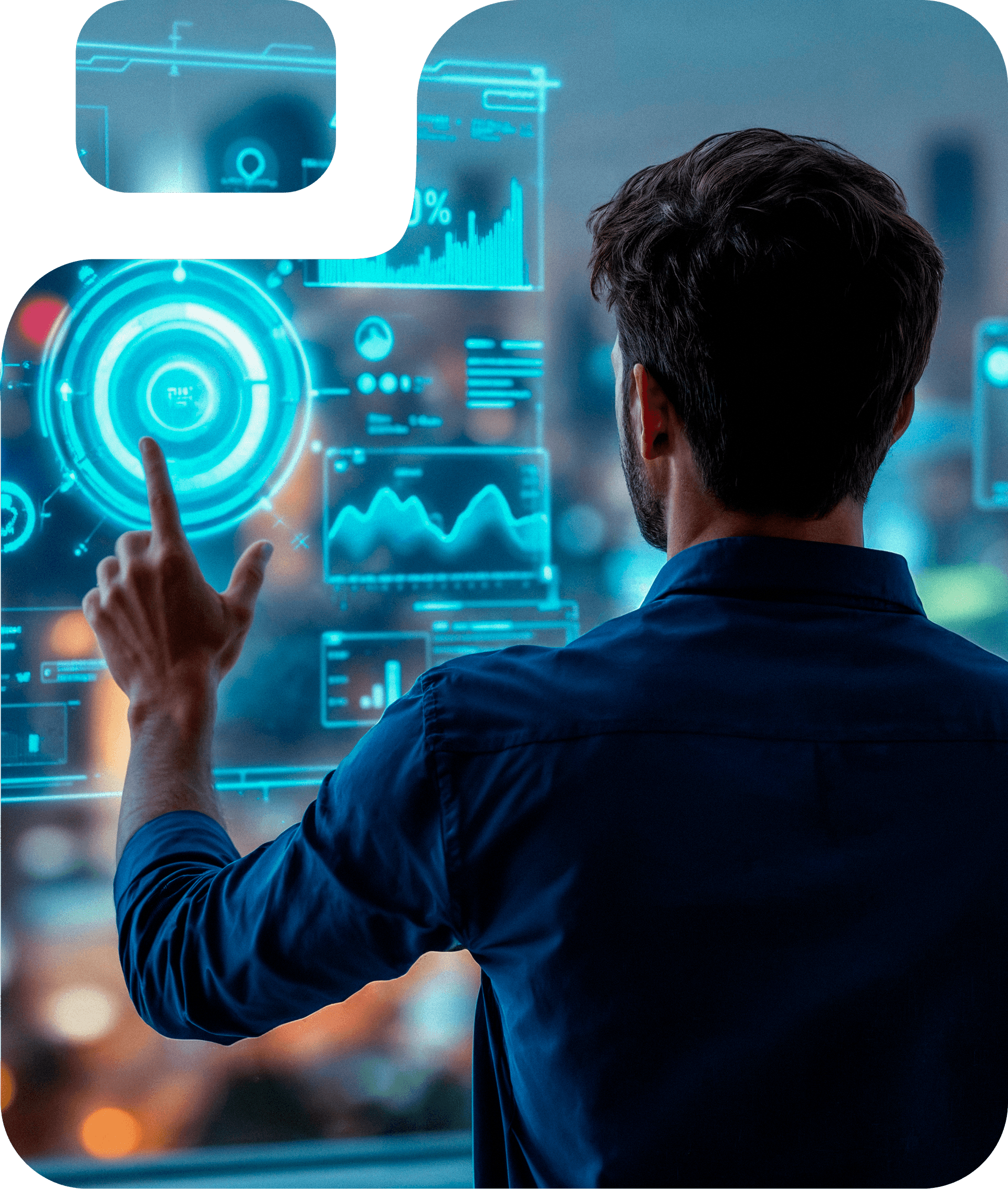 Person interacting with futuristic holographic interface