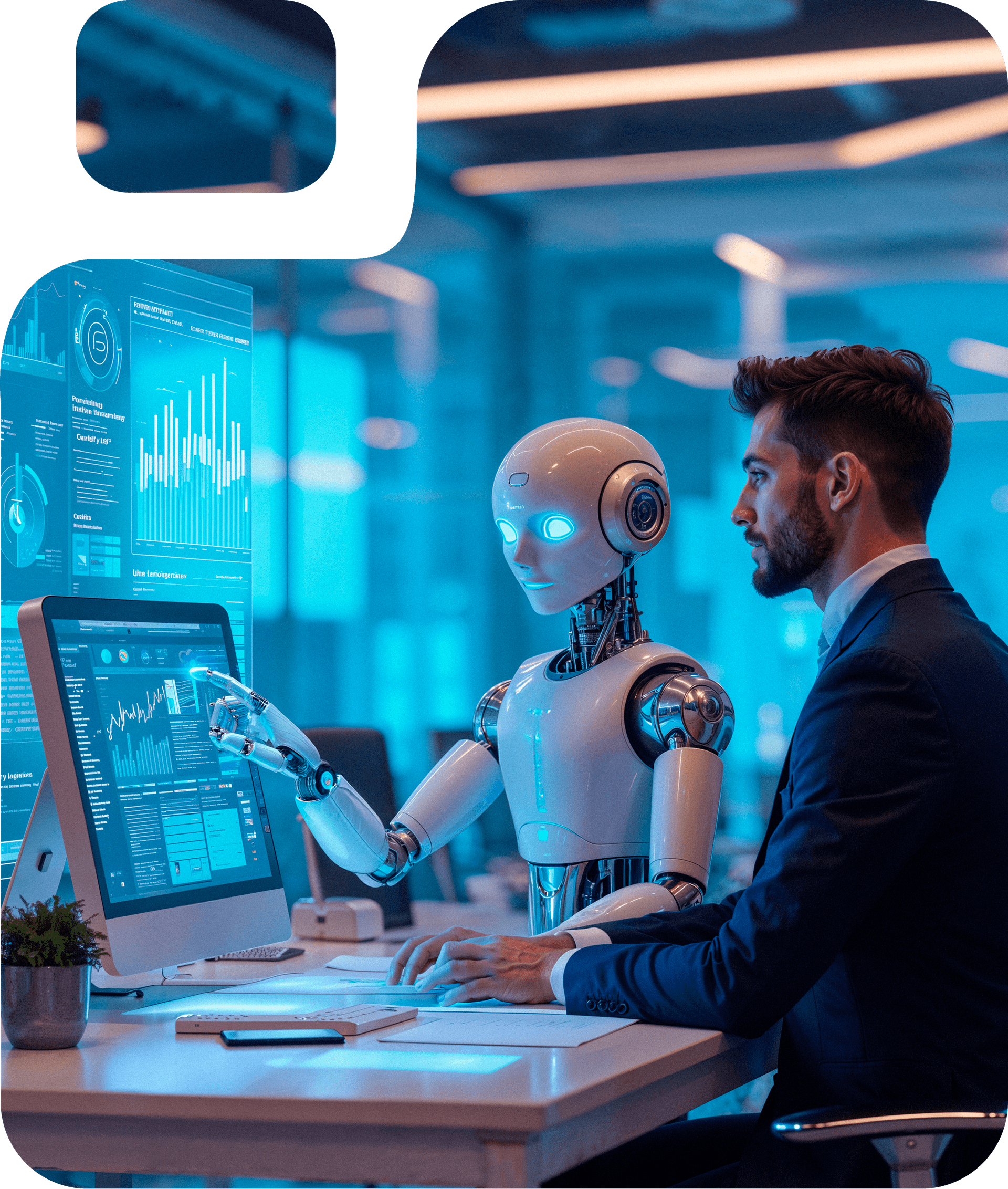 Man and robot collaborating at a desk with data visualizations